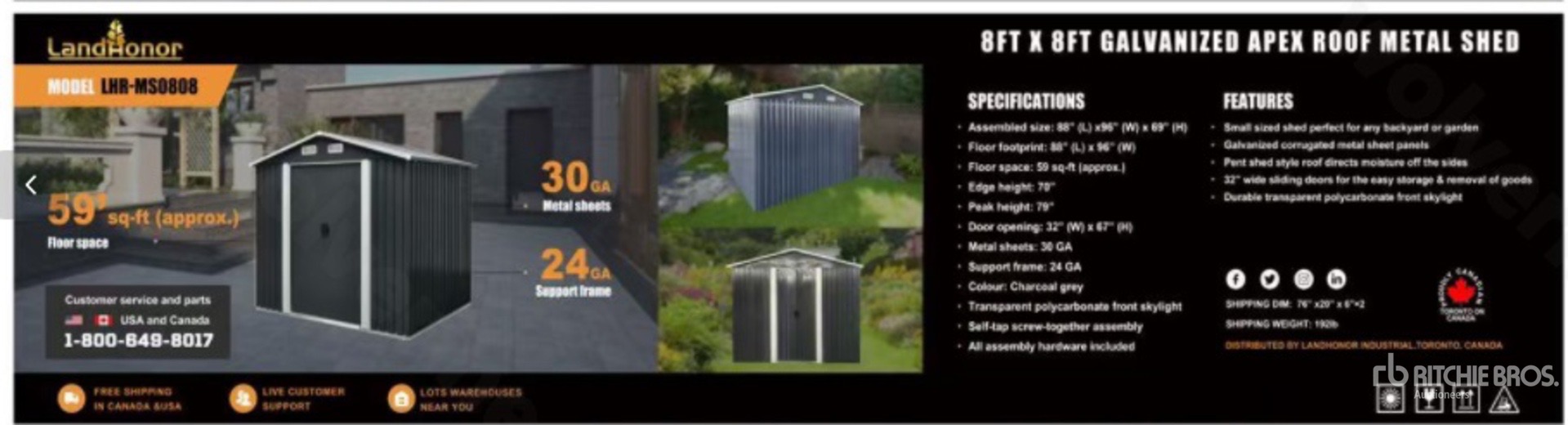 Land Honor LHR-MS0808 Galvanized Apex Roof Metal Shed, 8 x 8
