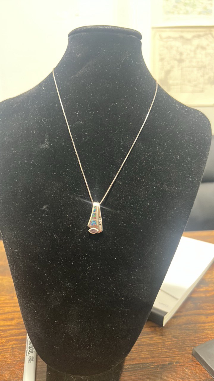 Sterling silver fire opal, diamond, and amethyst pendant and chain,