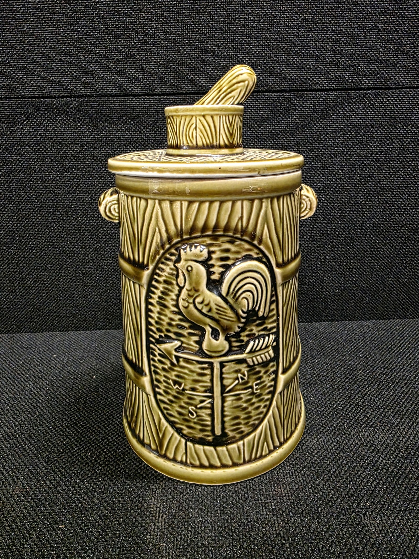Vintage Olive Green Ceramic Rooster Weathervane Cookie Jar (Butter Churn Style)