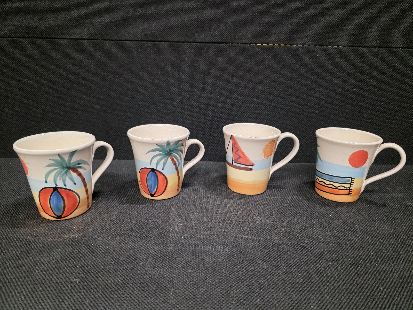 Four Collectible PIER 1 Ceramic Mugs, Made in Italy, Hand-Painted with a Beach Theme