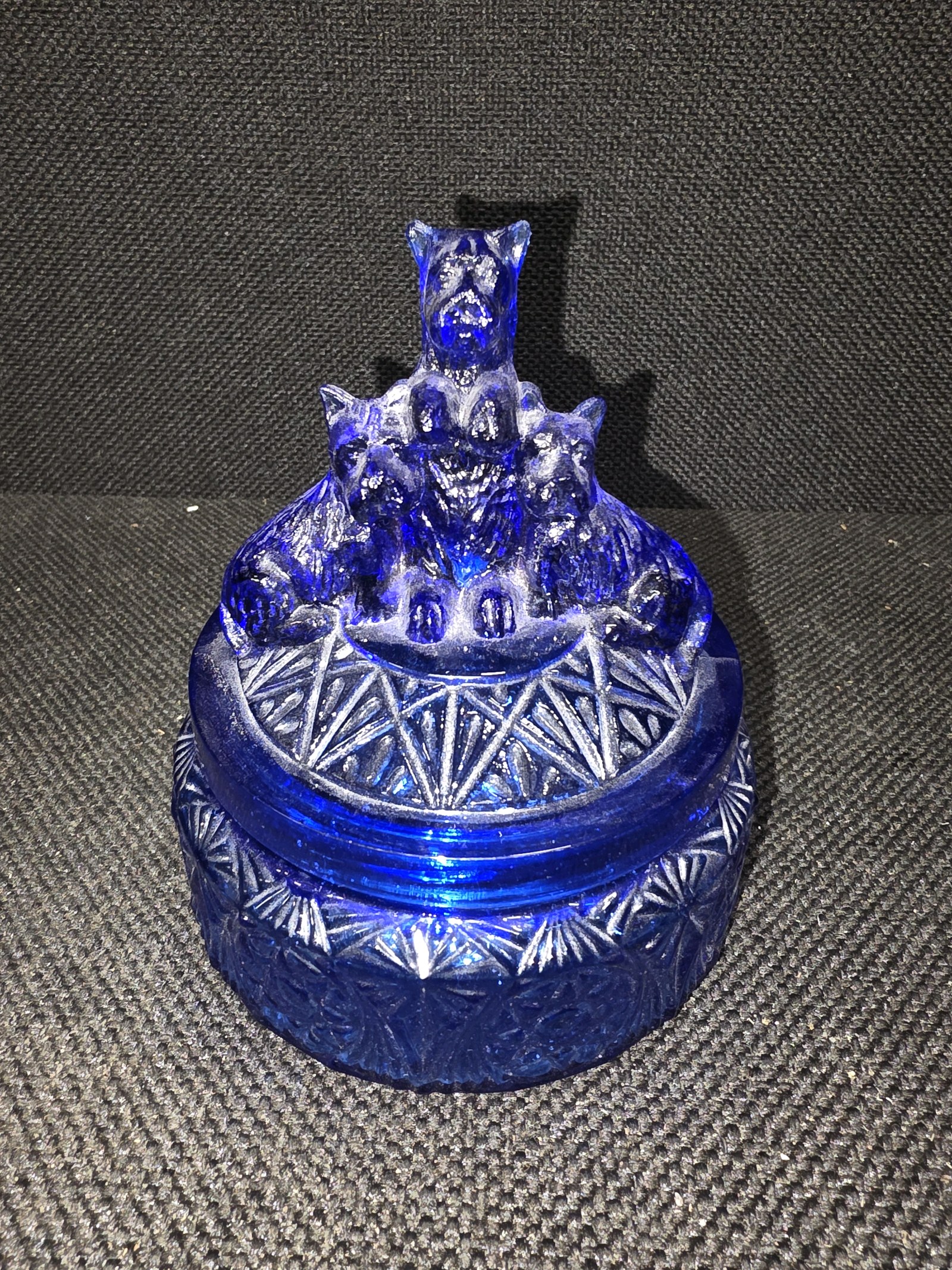 Vintage L.E. Smith Clear Blue Cobalt Glass Powder JarDish - 3 SCOTTIES SCOTTYS