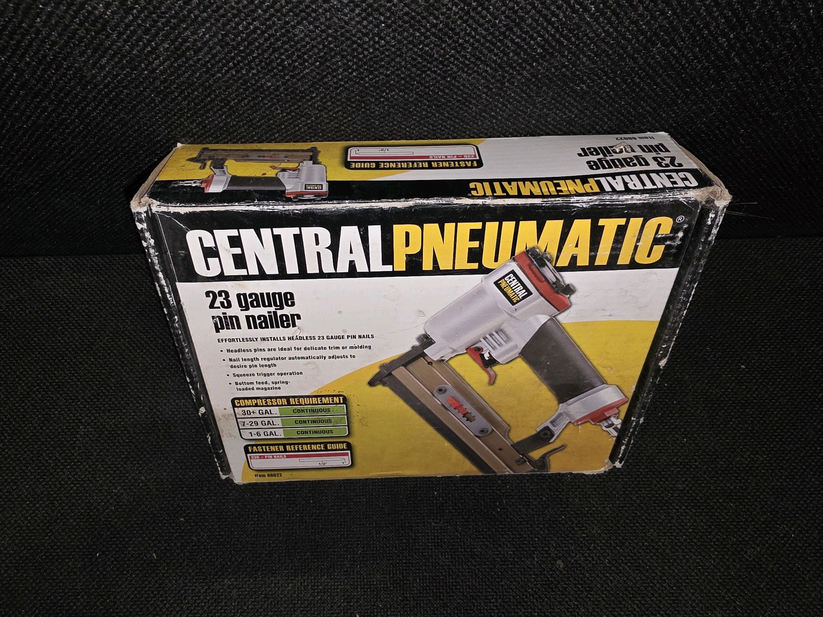 Central Pneumatic 23 Gauge Pin Air Nailer, model 68022.