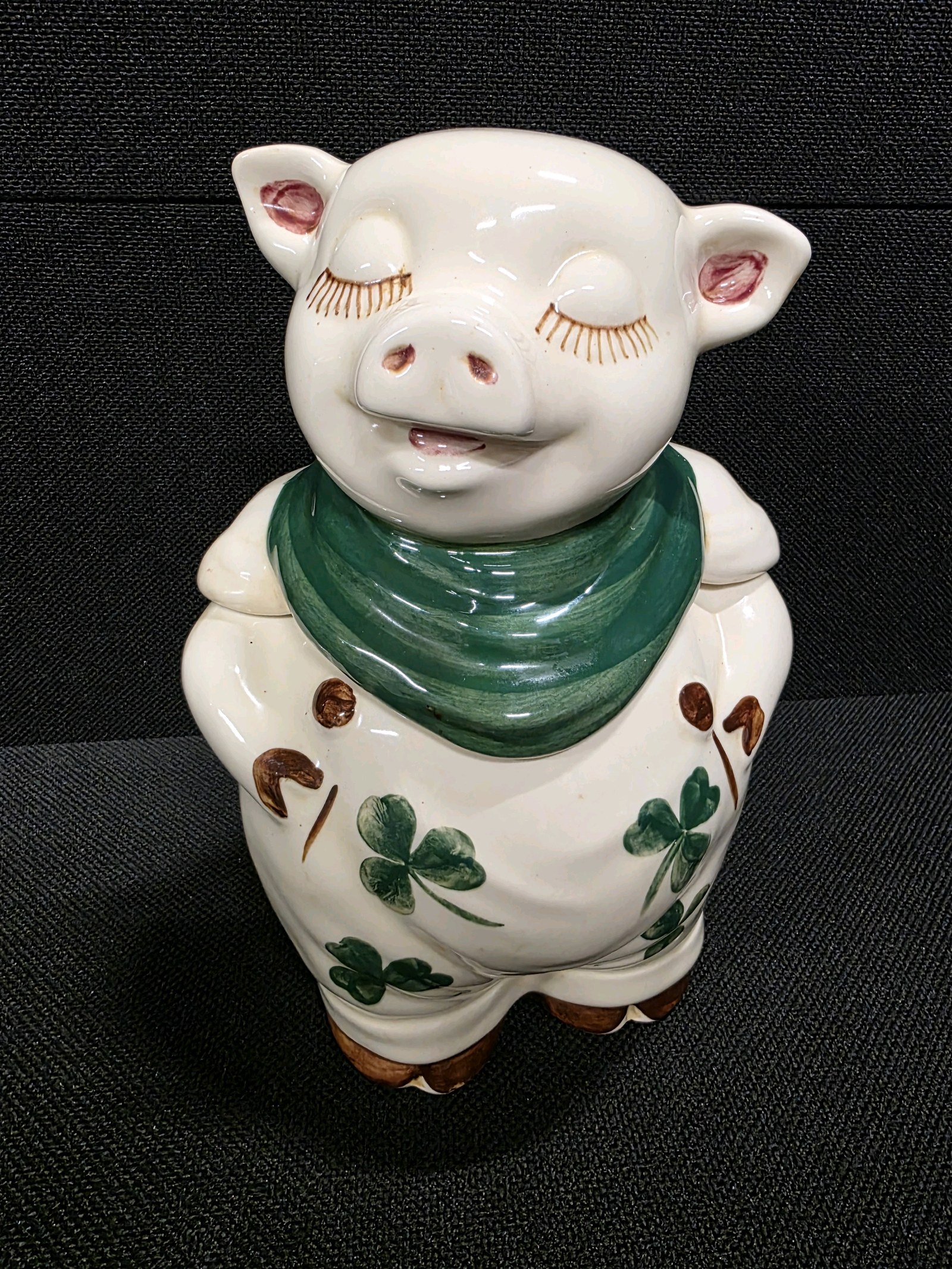 Vintage Shawnee Pottery Smiley Pig Cookie Jar Featuring a Shamrock Design