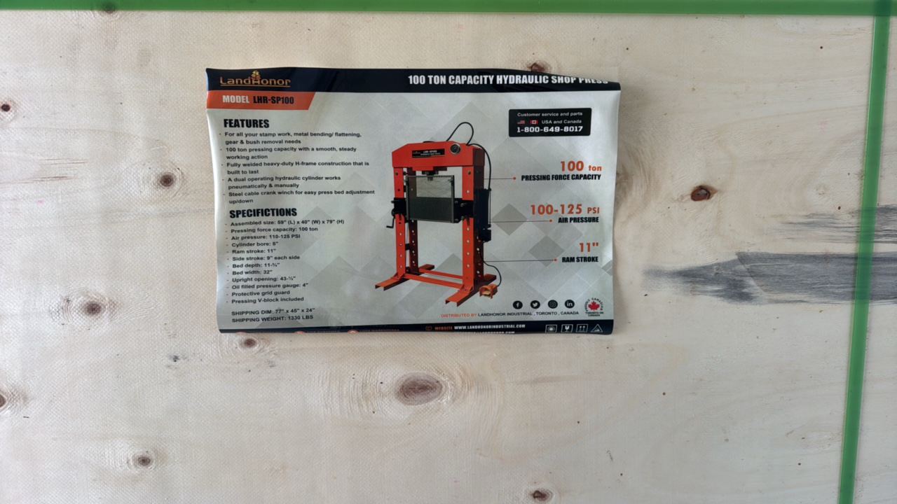 100 TON CAPACITY HYDRAULIG SHOP PRESSLandhonor2025UnusedLHR-SP100