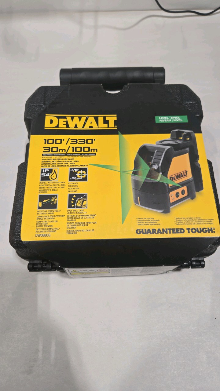 DEWALT 100 ft. Green Self-Leveling Cross Line Laser Level with (3) AA Batteries & Case