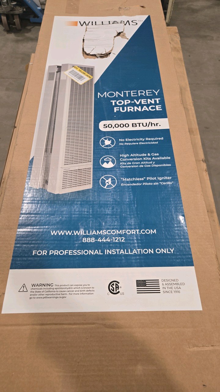Williams Monterey Top-Vent Wall Heater 50,000 BTUH, 70% AFUE, Natural Gas