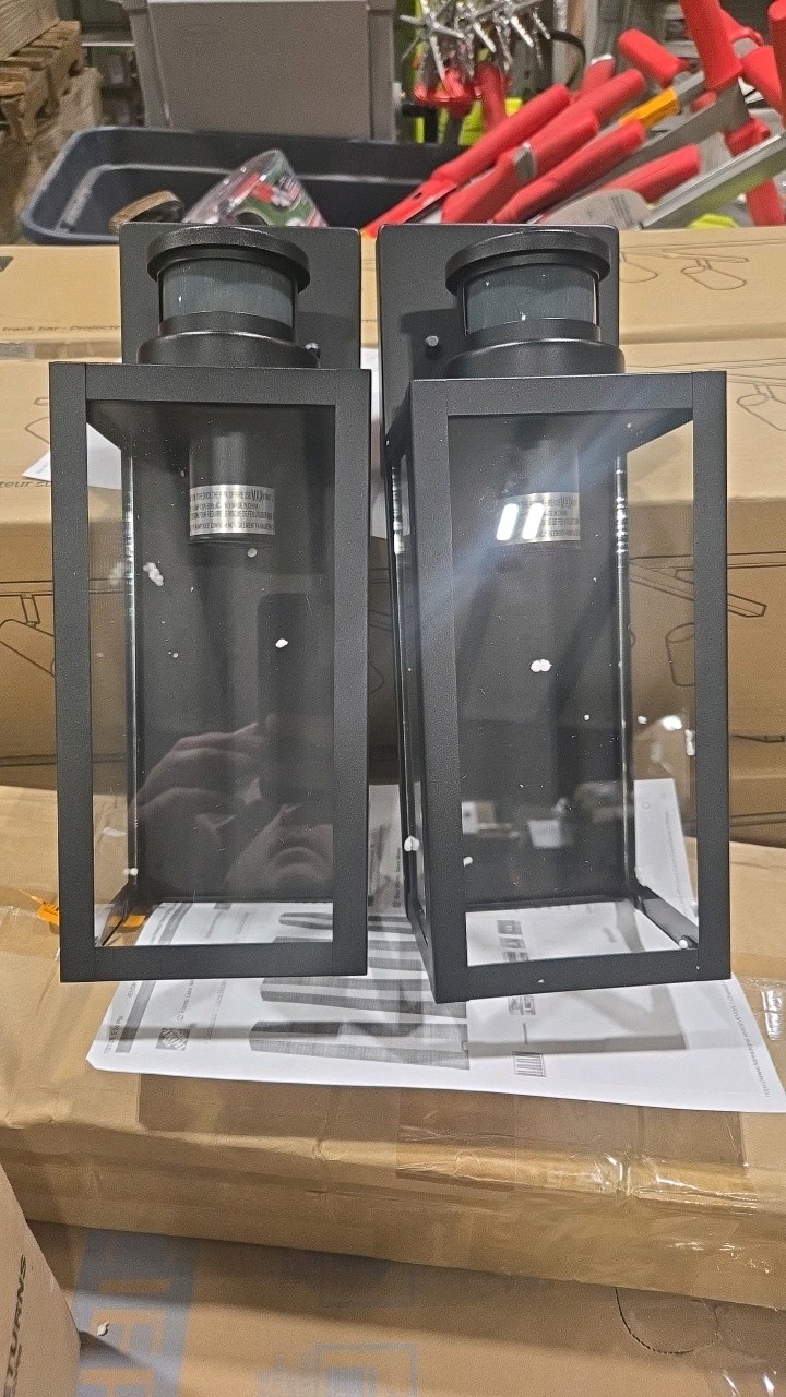 1-Light Matte Black Motion Sensing Dusk to Dawn Non-Solar Outdoor Wall Lantern Sconce with Clear Tempered Glass (2-Pack)
