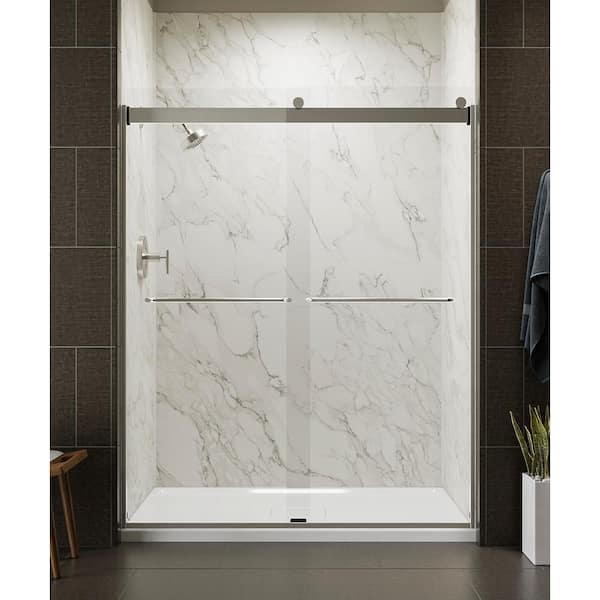 KOHLER Levity 59.6 in. W x 74 in. H Sliding Frameless Shower Door in Nickel with Clear