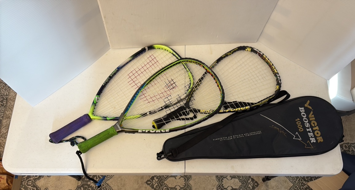 (3) E-FORCE rackets and (1) Victor Booster 1000 Racket in case