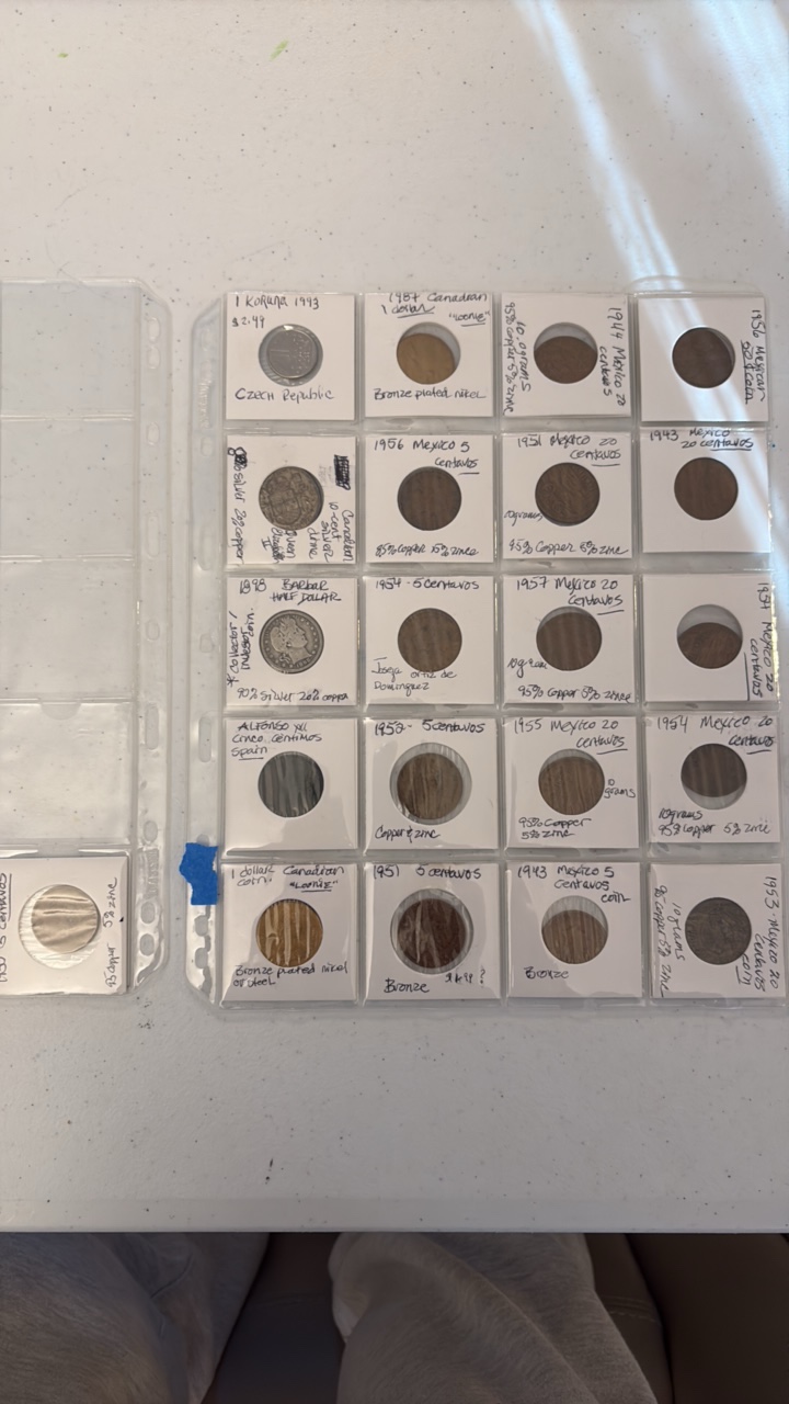(1) SHEET foreign coins from Mexico Cantavos, Czech Republic, and Canada