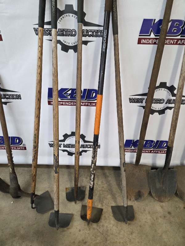 Lot of 10 Garden Tools with Shovels, Hoes, and Pickaxe