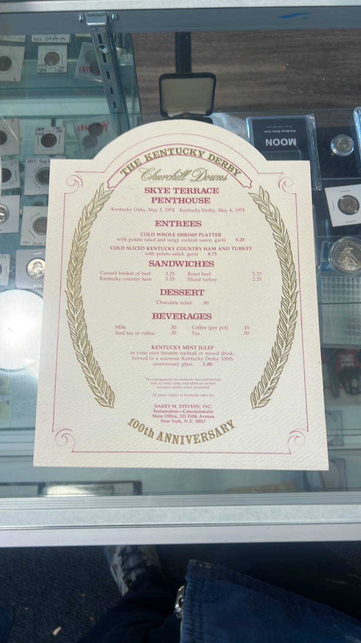 1974 Kentucky derby 100th anniversary Churchill downs menu