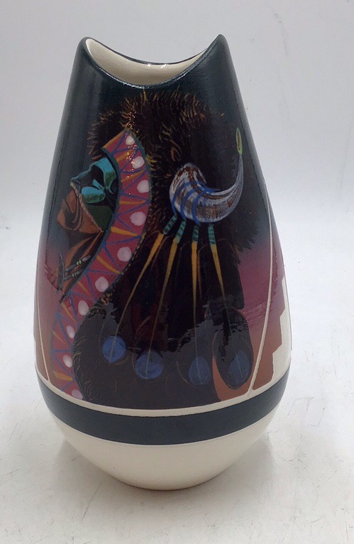 Vintage Sioux Pottery Vase – Native American Headdress Bison Motif