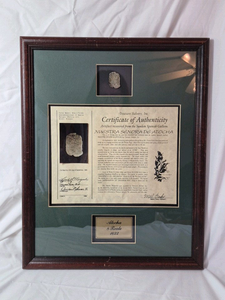 Framed Atocha Shipwreck 8 Reale Coin – Certificate of Authenticity