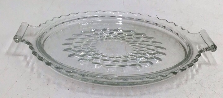 Vintage Clear Glass Pie Plate  Scalloped Handles and Hobnail Center