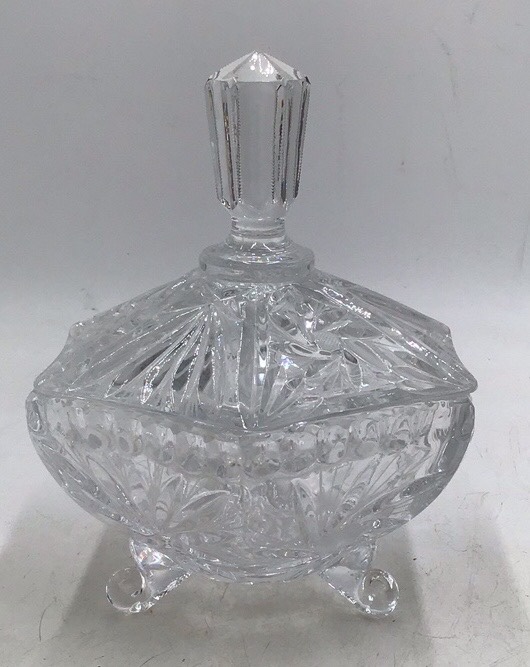 Vintage Crystal Candy Dish with Lid  Diamond Point and Fan Pattern Descriptio