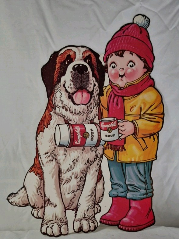 Vintage 1980s Cardboard Cutout  Campbells Soup Kid with St. Bernard Dog