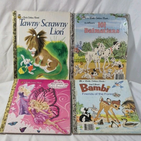 Little Golden Books Set  Tawny Scrawny Lion, 101 Dalmatians, Barbie Mariposa, Bambi Friends of the Forest