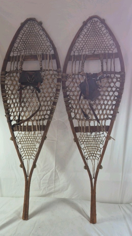 Vintage Wooden Snowshoes – Teardrop Shape with Leather Bindings