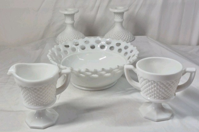 Fenton Hobnail Milk Glass Table Set  Creamer, Sugar, Bowl, Candlesticks