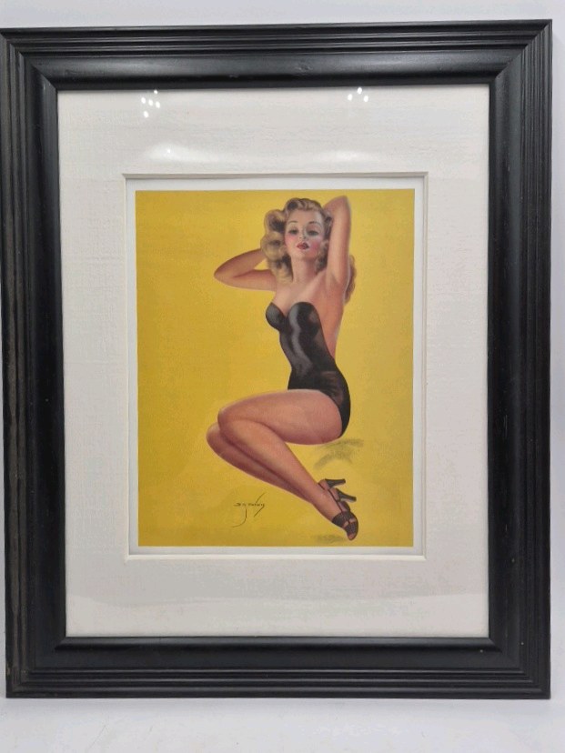 Framed Pin-Up Print  Blonde in Black Swimsuit Signed Billy De Vorss