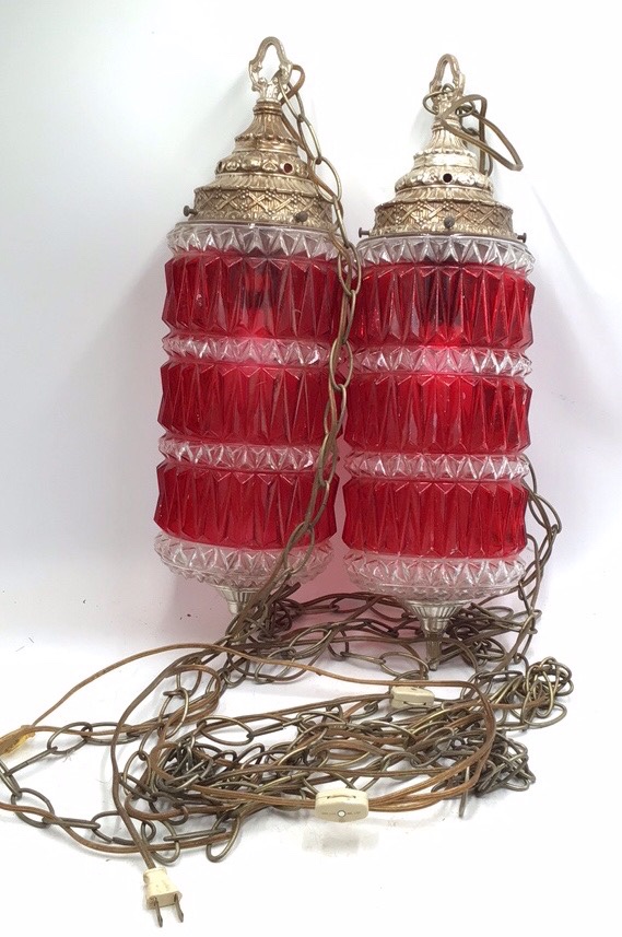 Vintage Hanging Swag Lamps – Red Glass with Brass Accents