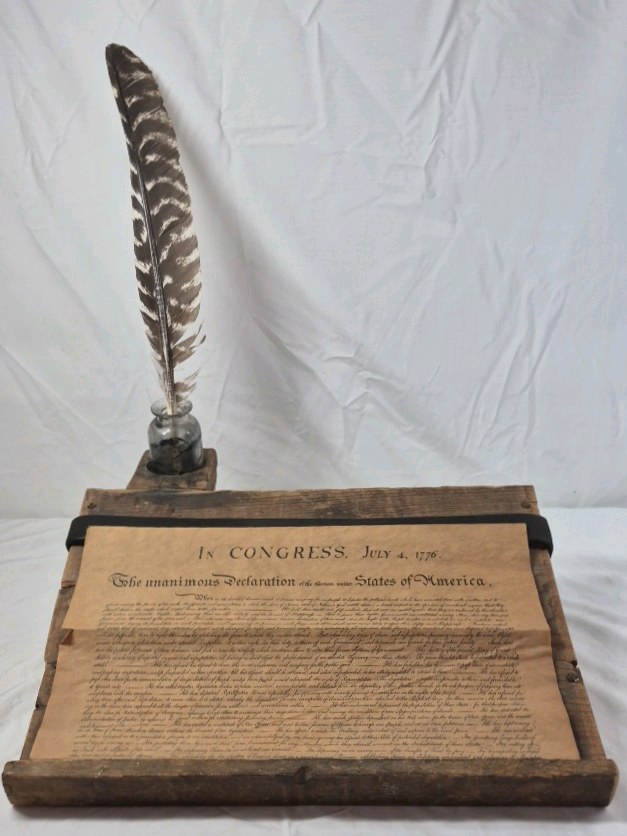 Vintage Wooden Desk Stand with Quill Pen and Declaration Replica