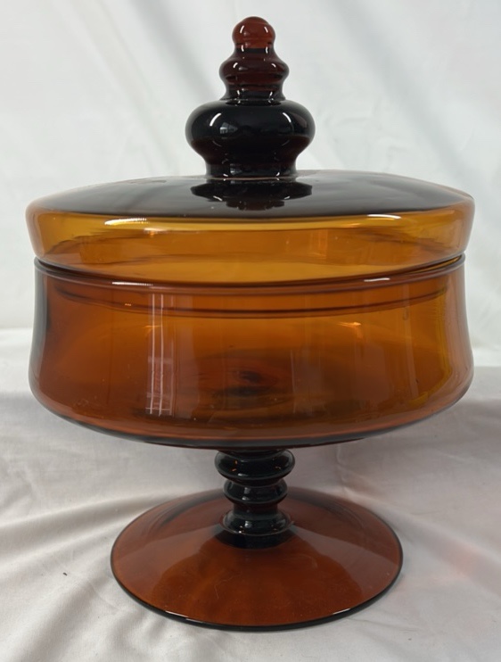 Vintage Amber Glass Covered Compote