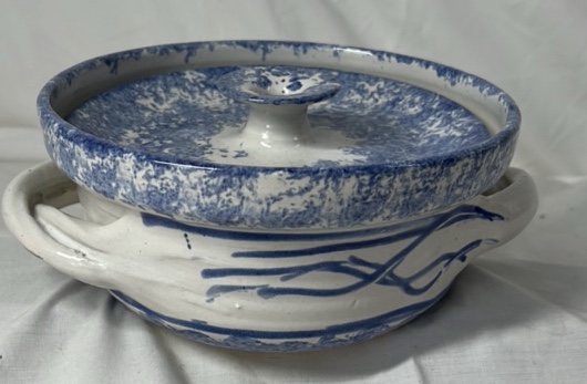 Vintage Blue and White Spongeware Covered Casserole  Handled
