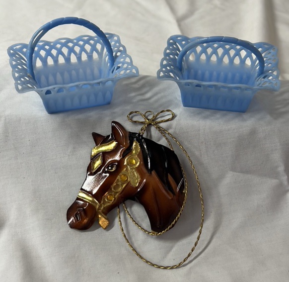 Blue Plastic Basket Pair and Horse Ornament