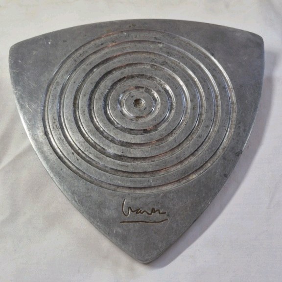 Vintage Triangular Metal Trivet  Concentric Circles Signed Vera Made in Taiwan
