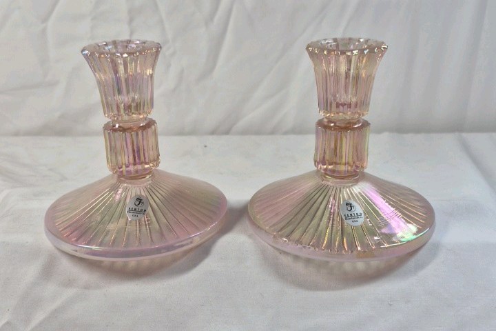 Vintage Iridescent Glass Candlestick Holders  Pink Fenton Handmade USA