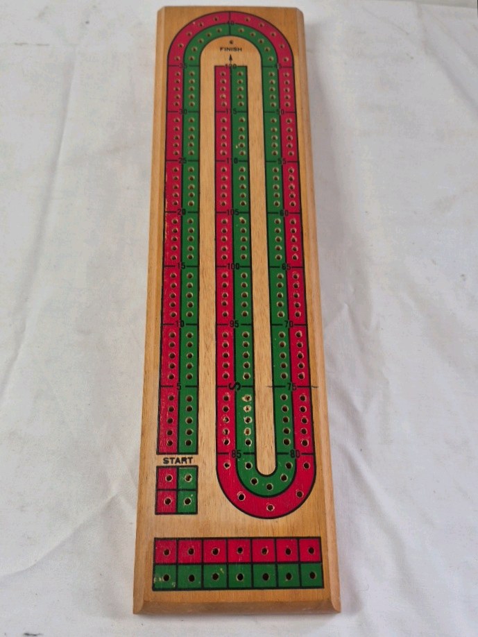 Vintage Wooden Cribbage Board  U-Shaped Track with Painted Scoring Lanes