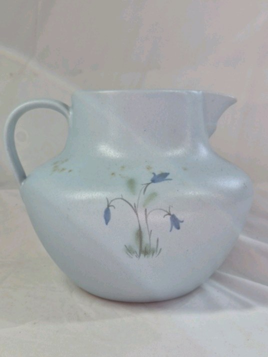 Vintage Stoneware Pitcher  Light Blue Glaze with Hand-Painted Bluebell Design