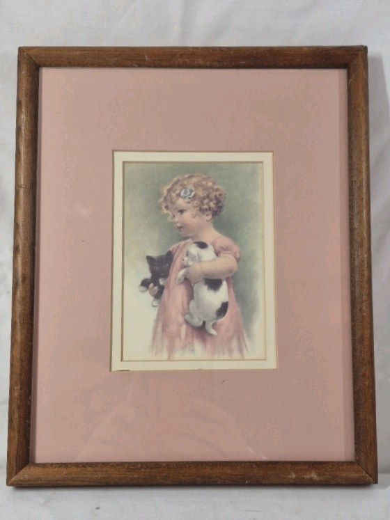 Framed Vintage Print  Child with Kitten and Black Cat