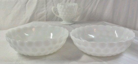 Vintage Hobnail Opalescent Glass Bowls  Ruffled Rim Design