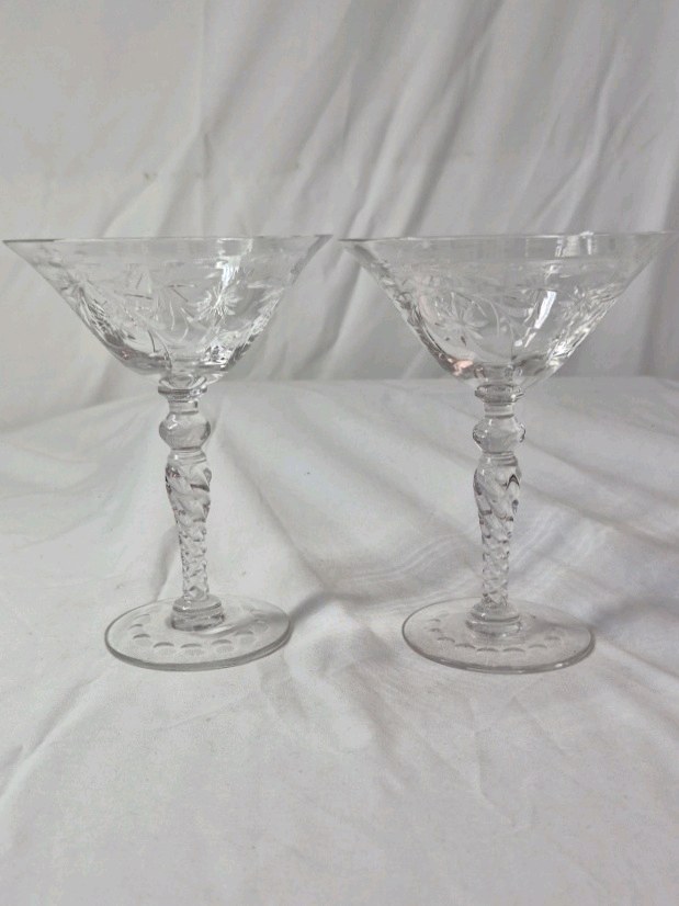 Pair of Etched Crystal Champagne Coupes
