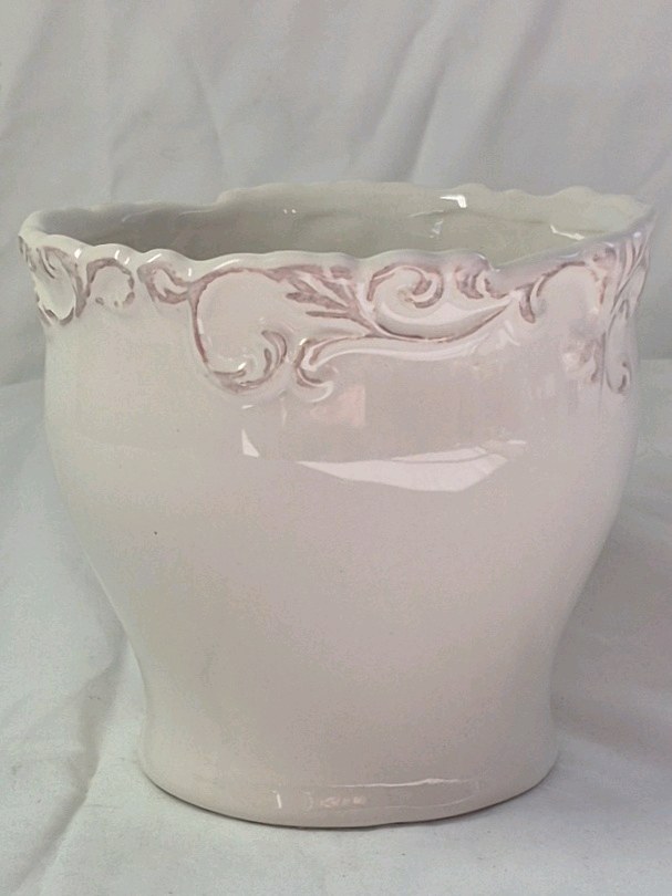 Ceramic Cachepot Planter  Pink Scroll Design