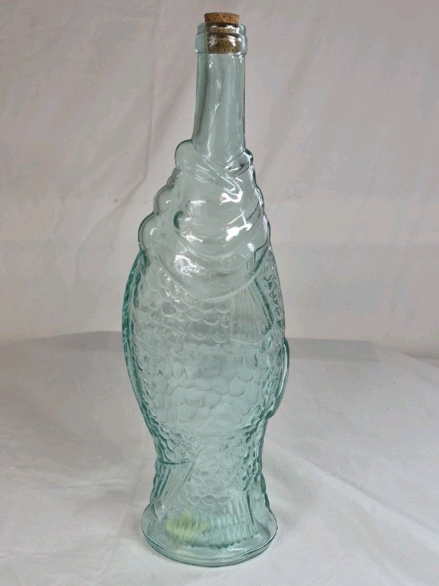Vintage Aqua Glass Fish Bottle with Cork Stopper
