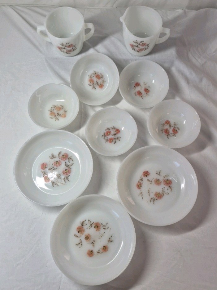 Vintage Fire-King Ware Milk Glass Dishes  Pink Floral Pattern