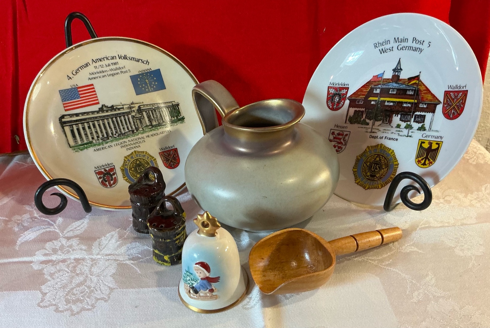 Group porcelain and pottery items goebel bell, wien pitcher