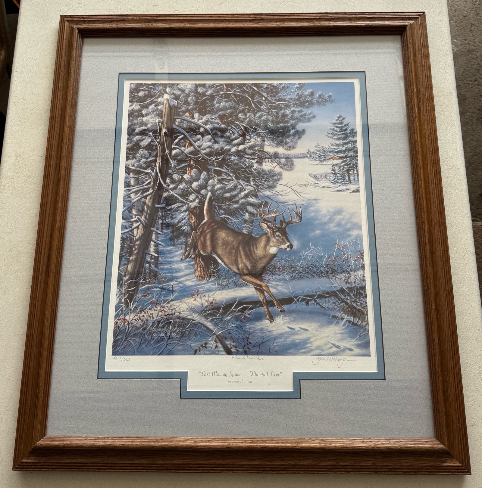 Herb Brooks Autographed "Fast Moving Game - Whitetail Deer" by James Meger, Framed and Matted