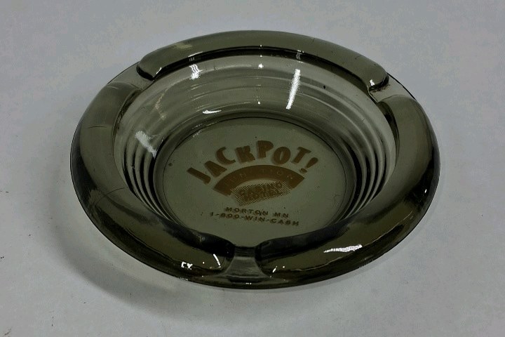 Vintage Jackpot Casino Advertising Glass Ashtray Morton MN Win Cash Green Glass