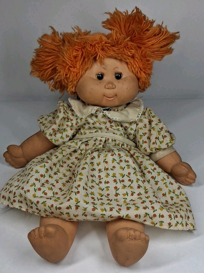 Vintage Cabbage Patch Kids Style Doll Red Yarn Hair Floral Dress