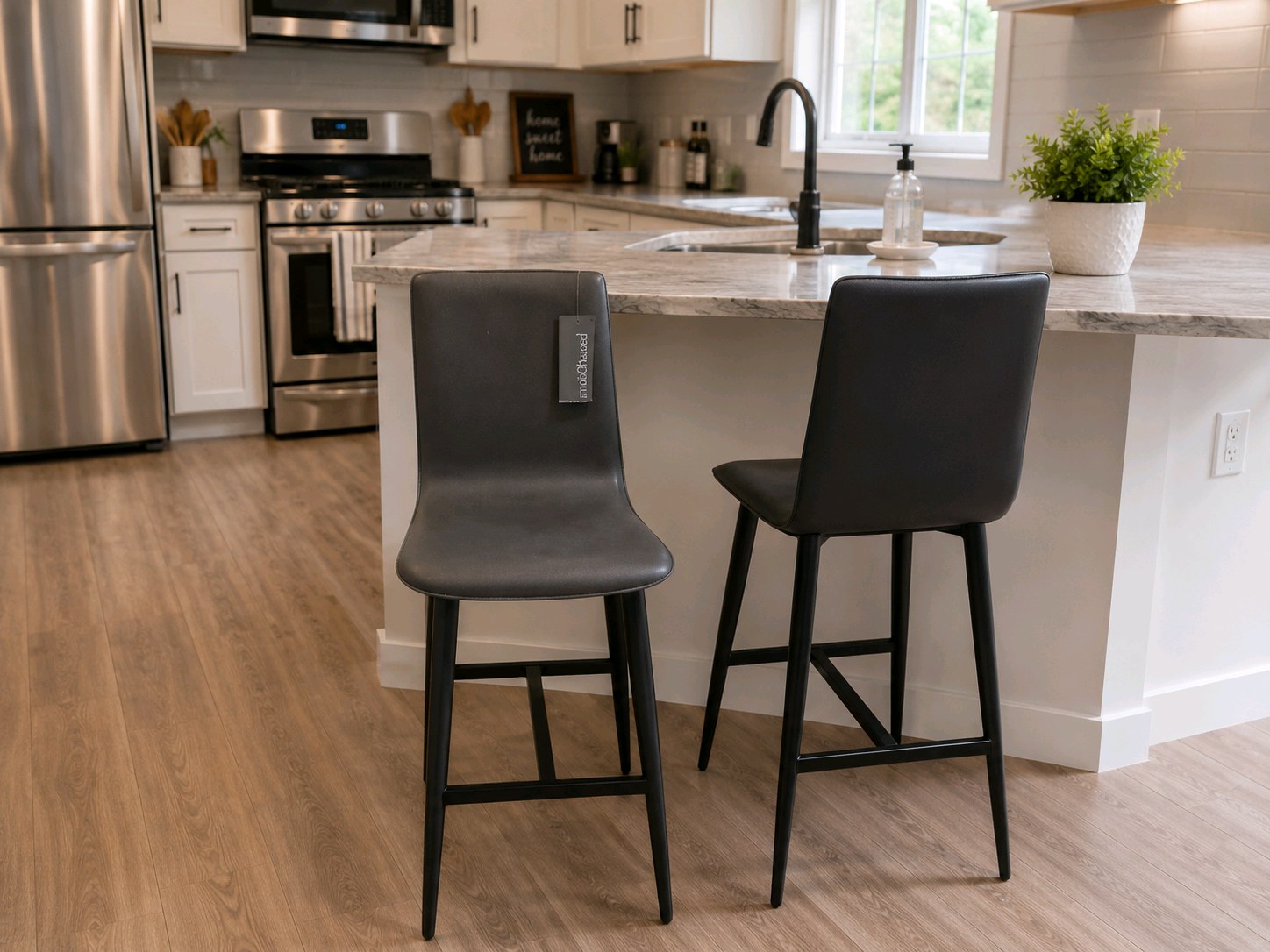 Original Room & Board price $918 for the Pair of Room & Board Hirsch Bar Stools  Grey & Black, 42 Tall