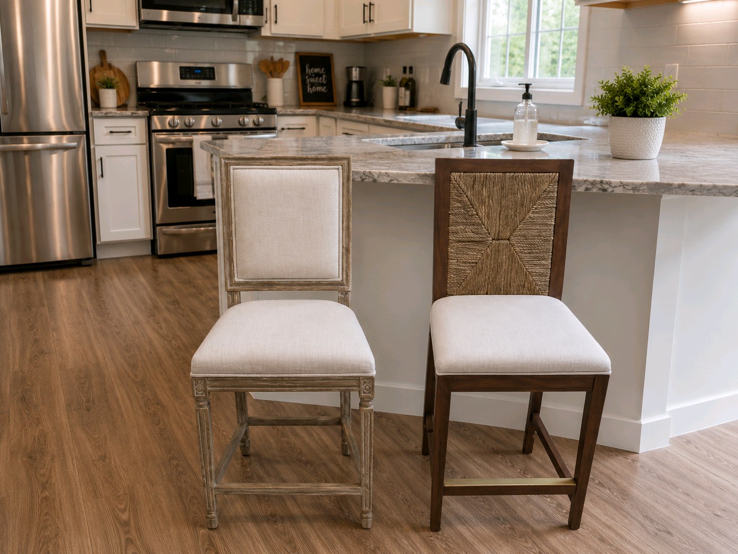 Original Retail Value $800 for the Lot of 2 Restoration Hardware RH Counter Stools - Wood Frames, Upholstered Seats & Woven Back