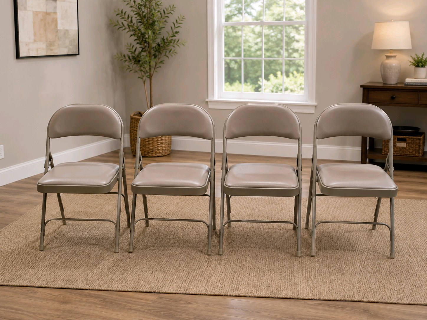 4 Uline H-2522 Padded Folding Chairs - Tan Vinyl Seats and Backs