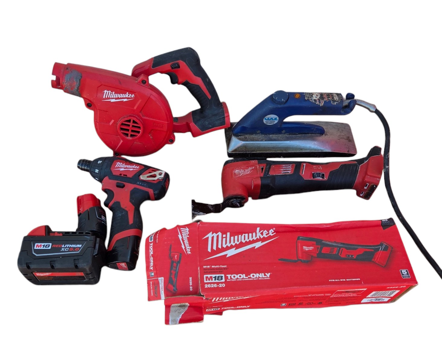 Milwaukee M18/M12 Tool Lot With Batteries, 2 Multi-Tools, Screwdriver, Blower & Roberts Cool Shield Iron