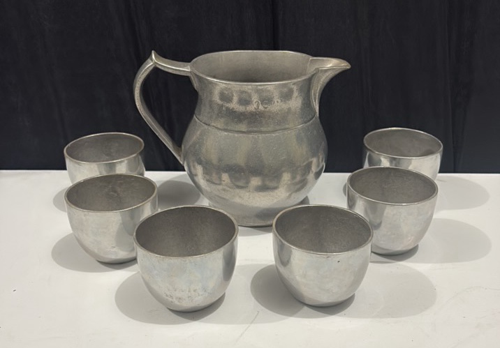 Pewter Pitcher with 6 Pewter Cups
