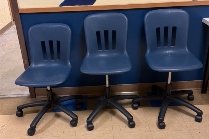 three blue chairs